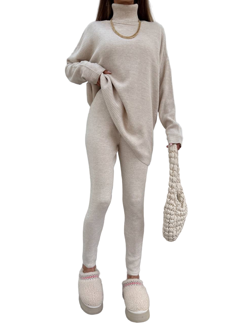 Beige Ribbed Oversized Turtleneck Sweater and Shaping Leggings Set Cozy Loungewear