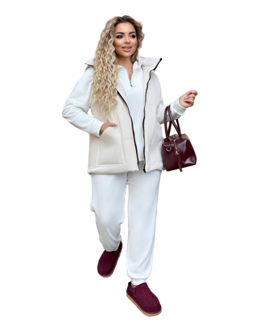 Cream Velour Three Piece Suit with Vest Water Resistant Velour Set