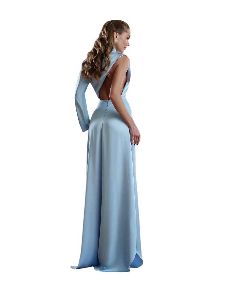 Elegant One Sleeve Satin Evening Dress with Backless Design
