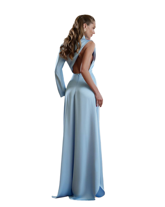 Elegant One Sleeve Satin Evening Dress with Backless Design