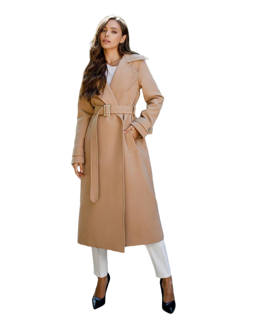 Womens Long Beige Turkish Fabric Coat with Belt