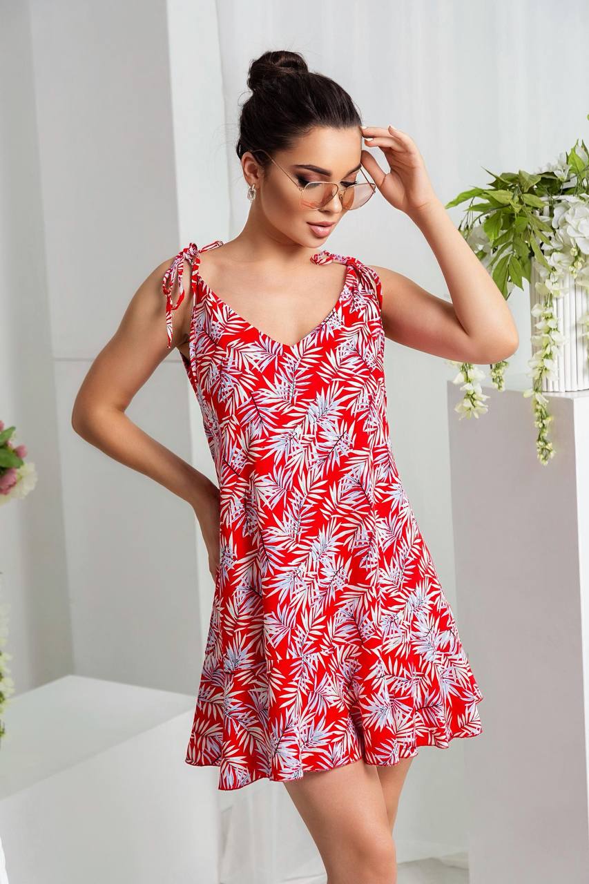 Printed Linen Sundress Women Summer Red Leaf Print