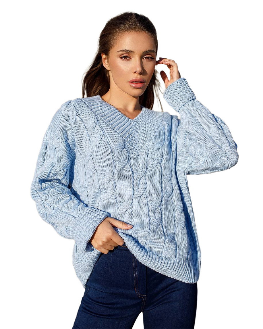 Womens Cable Knit Sweater Oversized V Neck Pullover