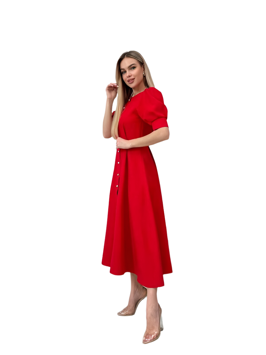 Elegant Red Midi Dress with Button Front and Puff Sleeves