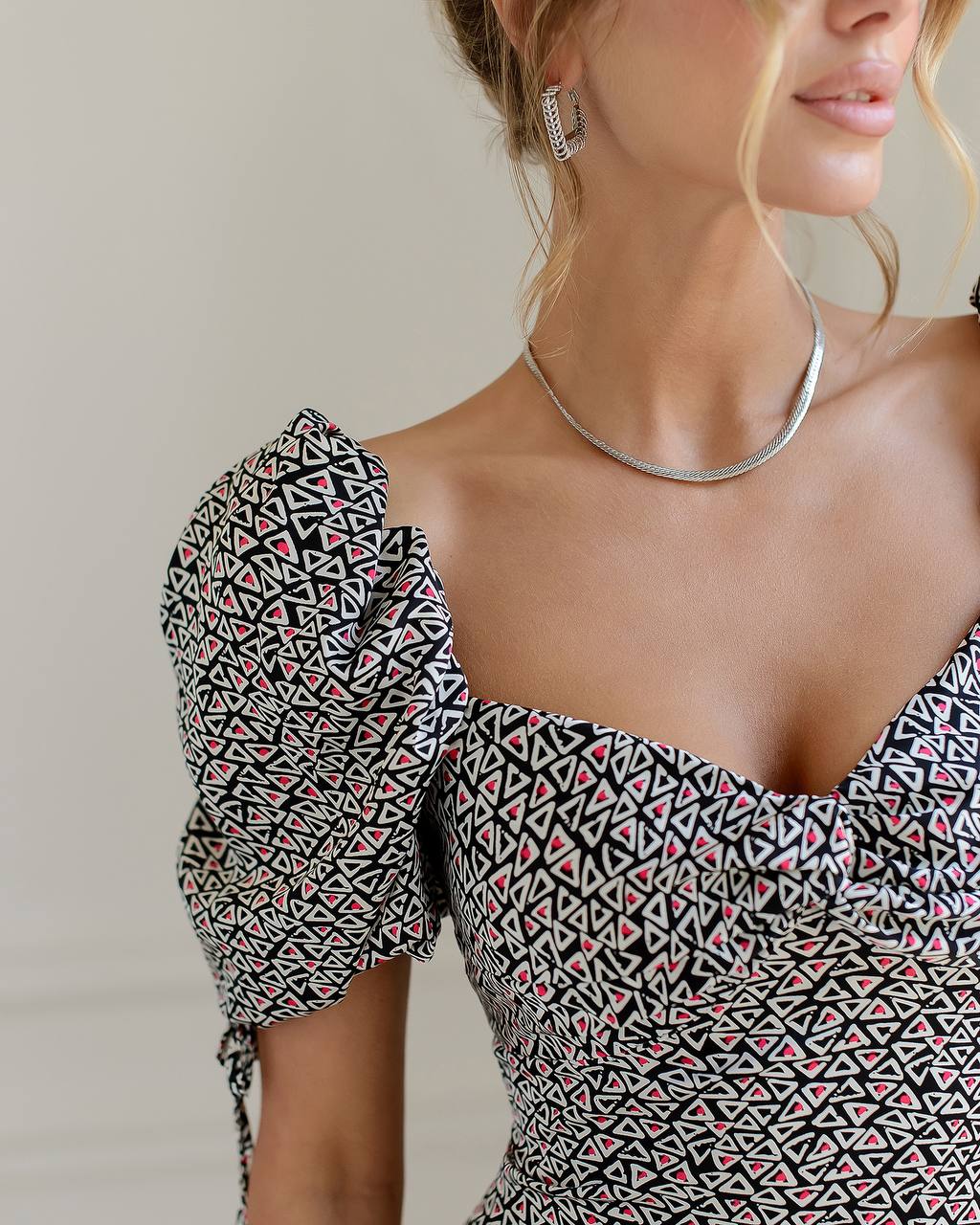 Printed Silk Puff Sleeve Midi Dress for Women
