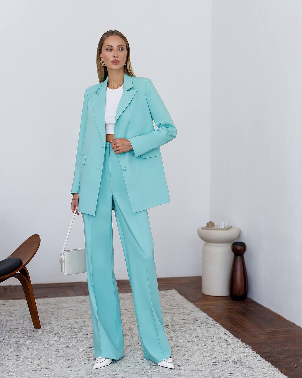 Elegant Polished Tiar and Lux Fabric Women's Suit in Tiffany Blue