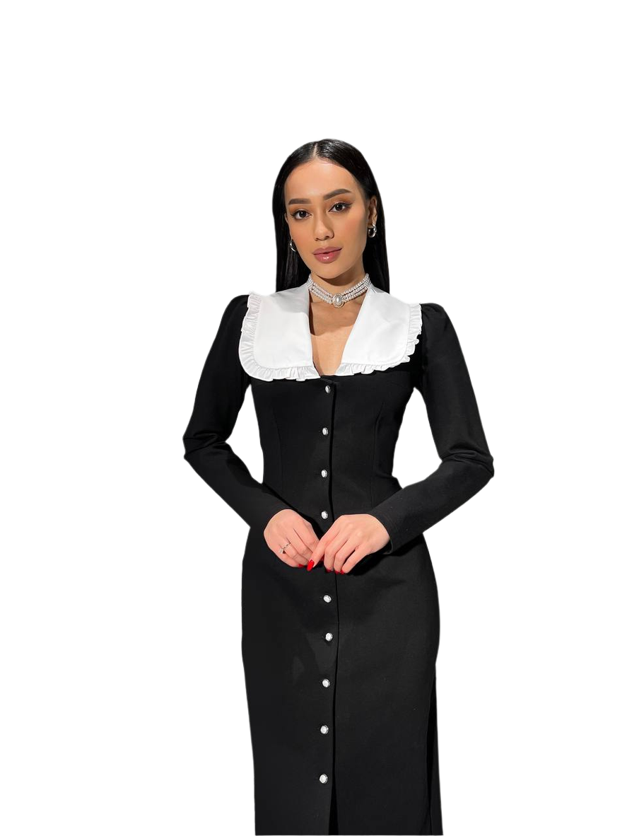 Woman wearing a black dress with a white collar on a white background