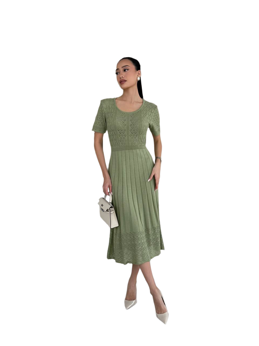 Classic Everyday Green Knit Mid-Length Dress for Women