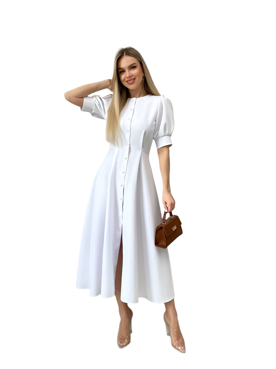 Elegant White Button Front Midi Dress with Puff Sleeves