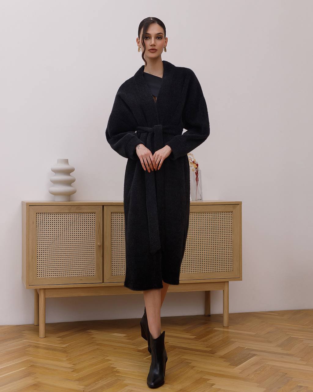 Silva Fluffy Black Long Cardigan with Belt for Women