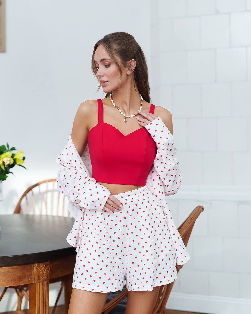 Womens Muslin Shirt And Shorts Set with Heart Print