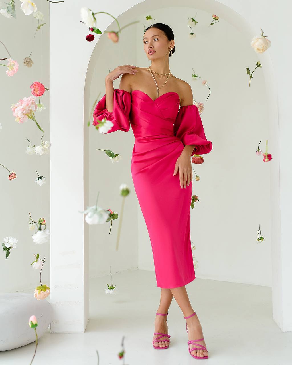 Midi Corset Dress in Satin with Off-Shoulder Puff Sleeves