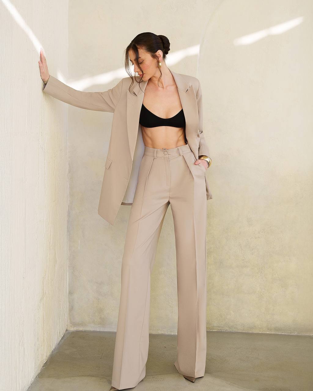 Womens Polished Tiar Lux Fabric Suit Beige Jacket and Pants