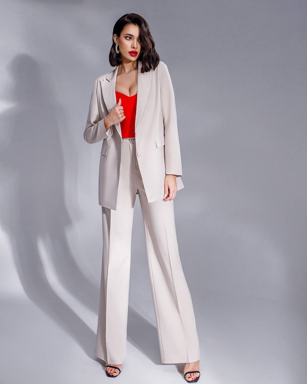 Womens Polished Tiar Lux Fabric Suit Beige Jacket and Pants