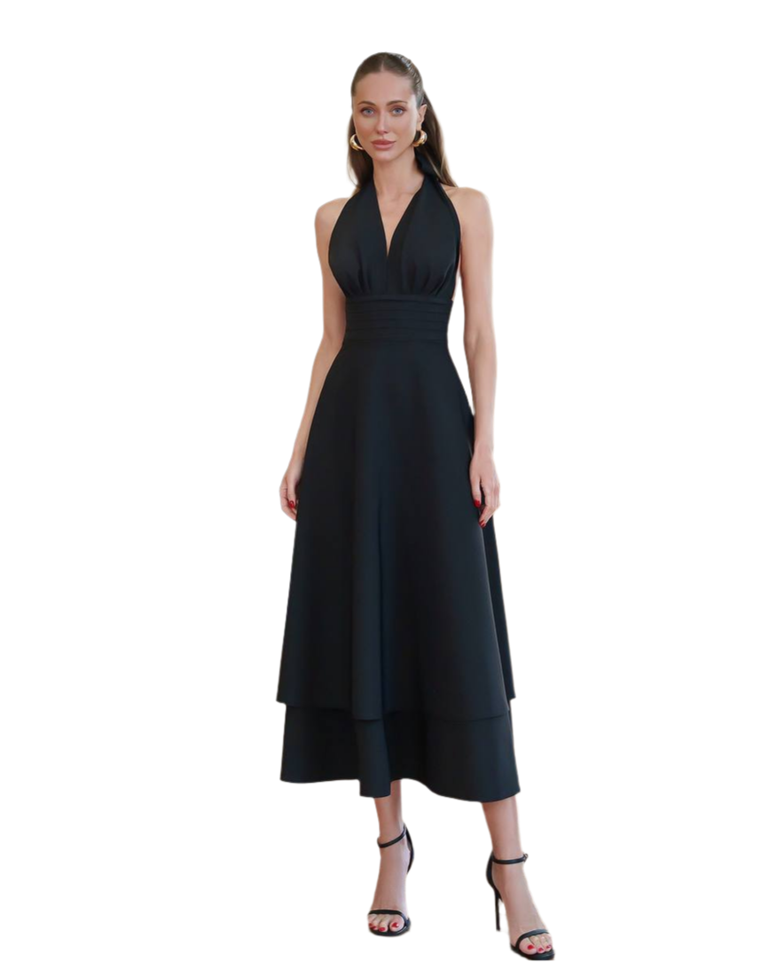 Elegant Halter Layered Midi Dress in Premium Diagonal Suiting Crepe