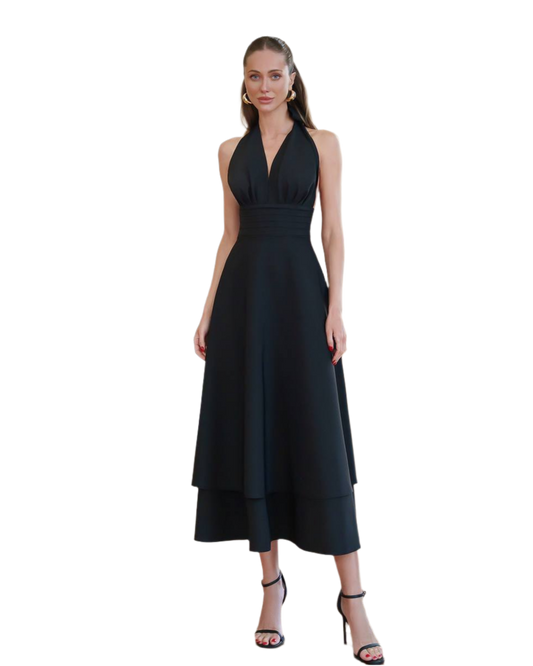 Elegant Halter Layered Midi Dress in Premium Diagonal Suiting Crepe