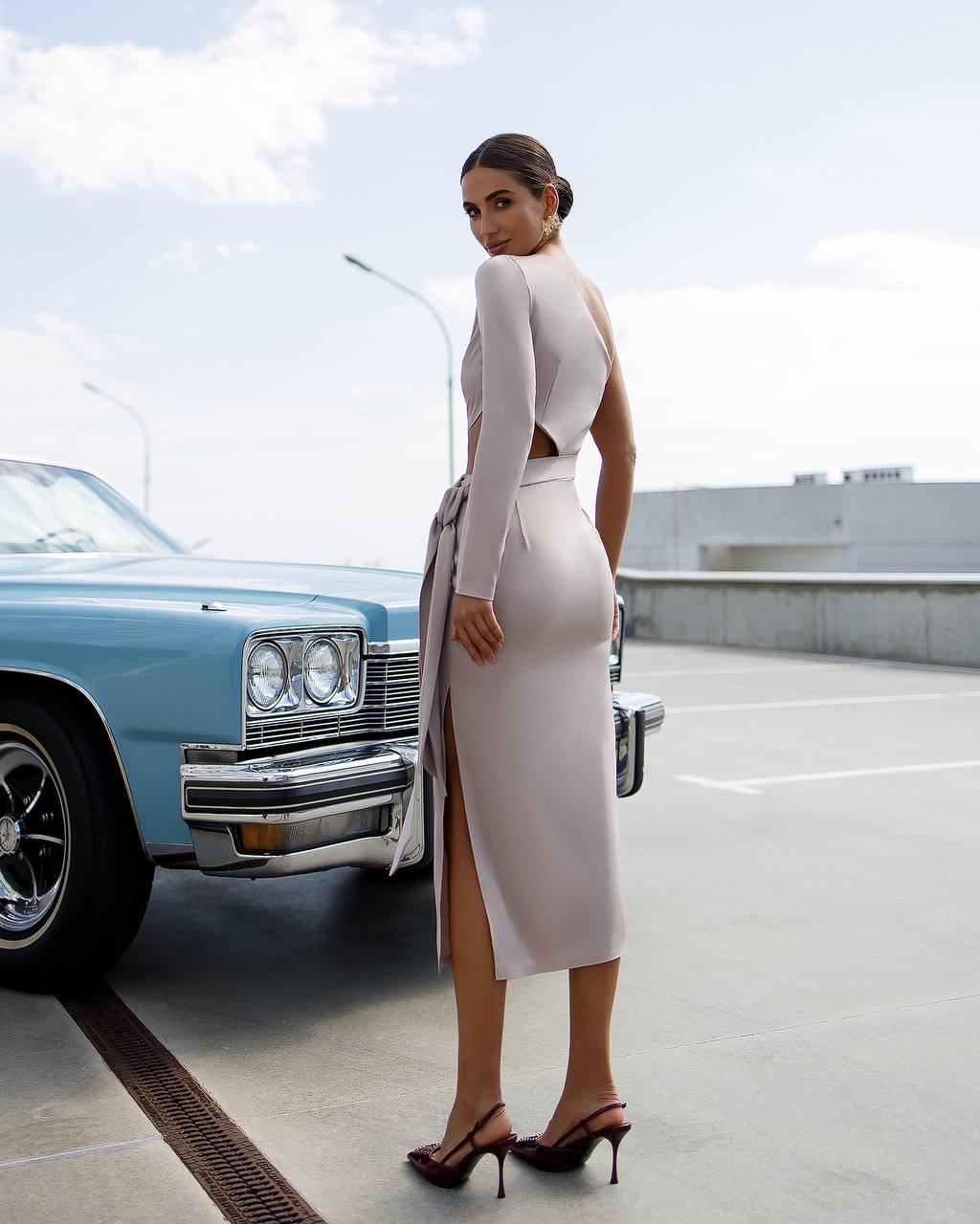 Asymmetric One Sleeve Midi Dress in Light Beige Satin