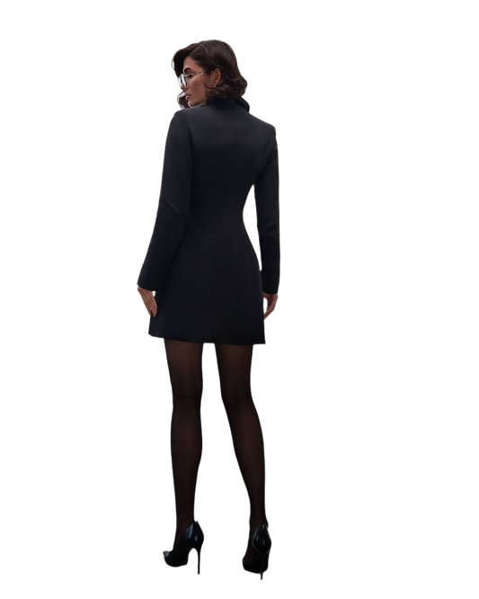 Woman wearing a black dress on a white background