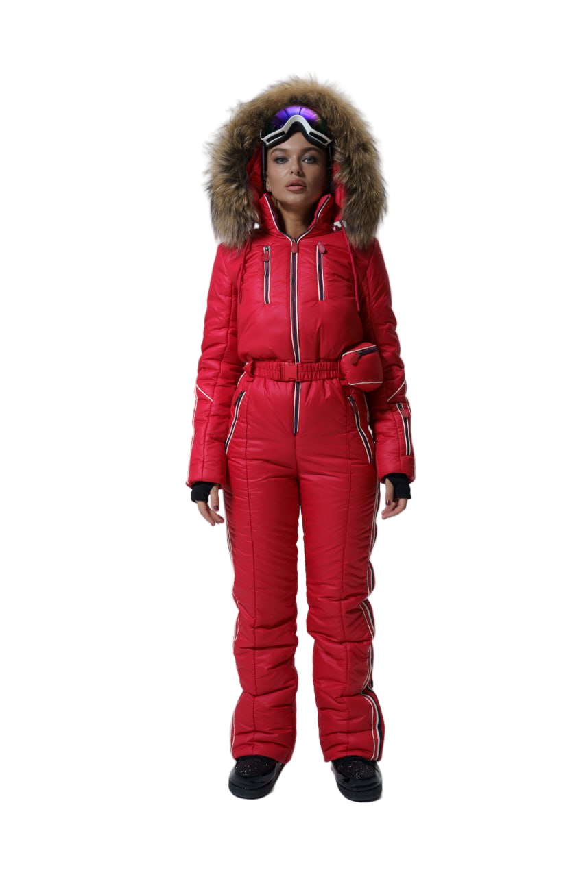 Person wearing a red snowsuit with fur-lined hood on a white background