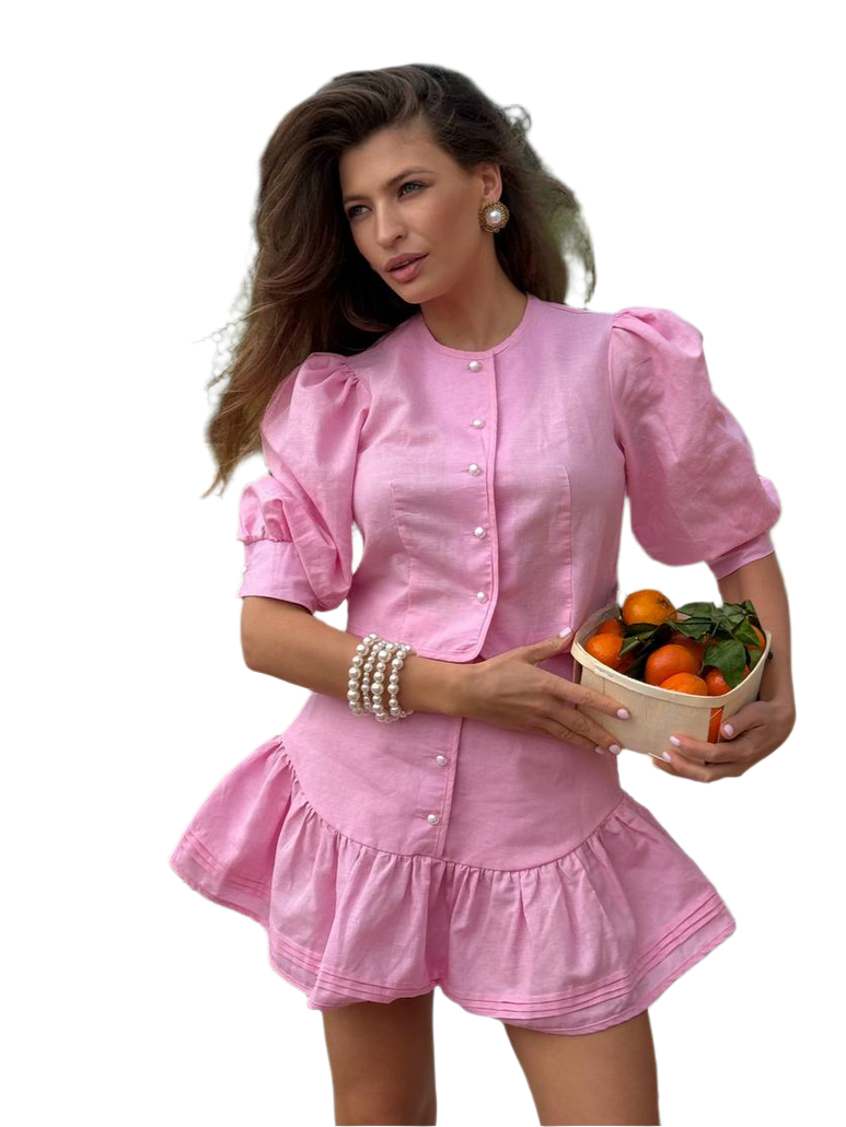 Lika Linen Women's Suit in Peony Pink with Pearl Button Cropped Shirt and Flounce Skirt