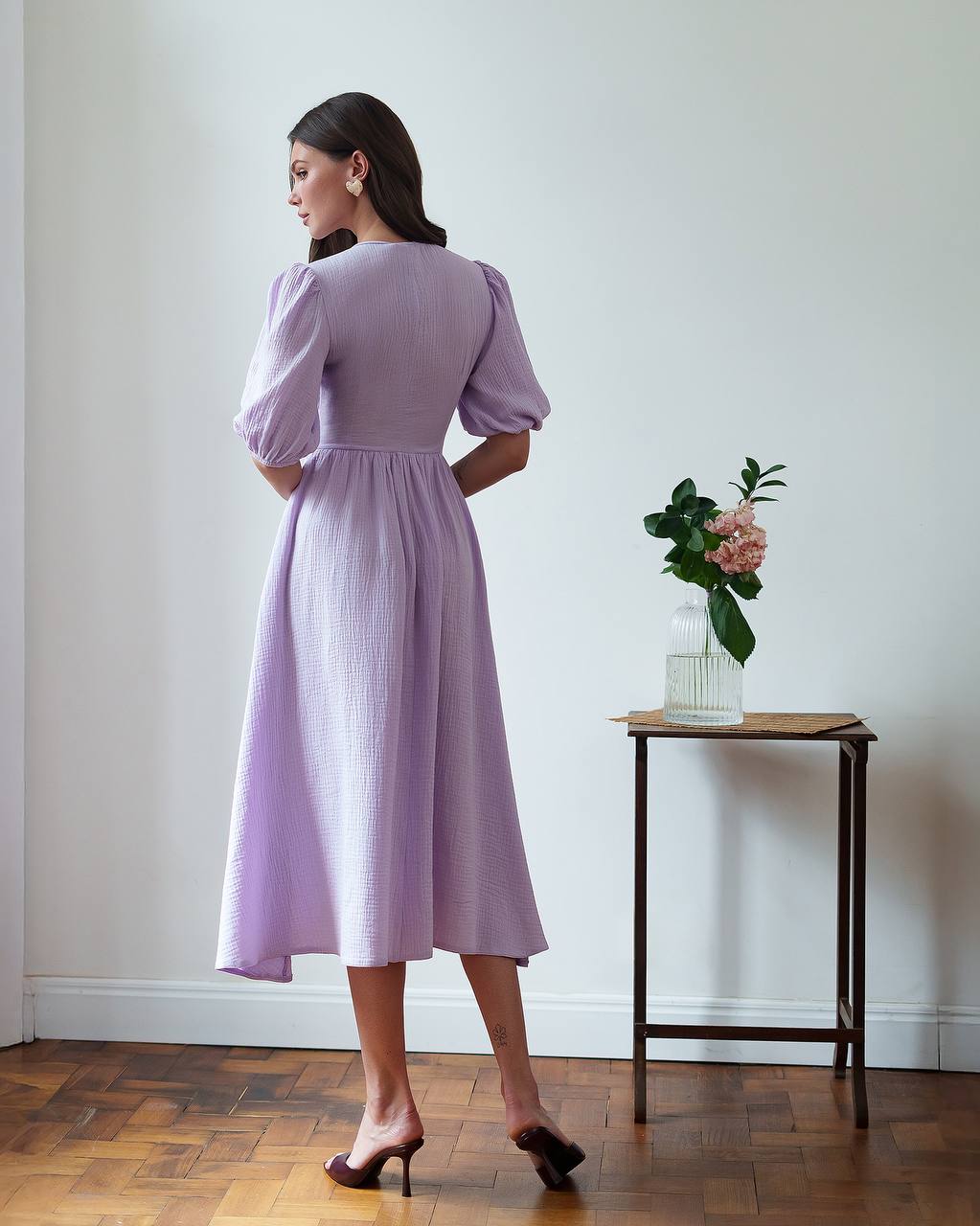Lightweight Muslin Midi Dress for Women in Milky Blue and Lavender