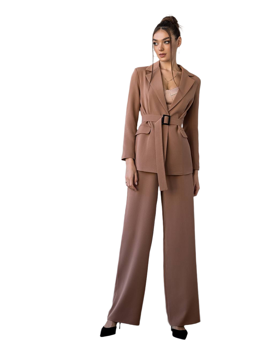 Stylish Beige Suit Set with Belted Jacket and Wide Leg Pants