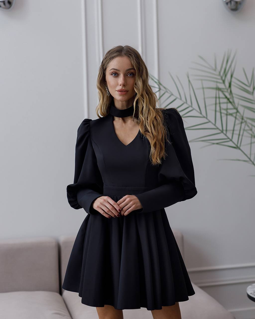 Elegant Black Mini Dress with Full Skirt and Puff Sleeves
