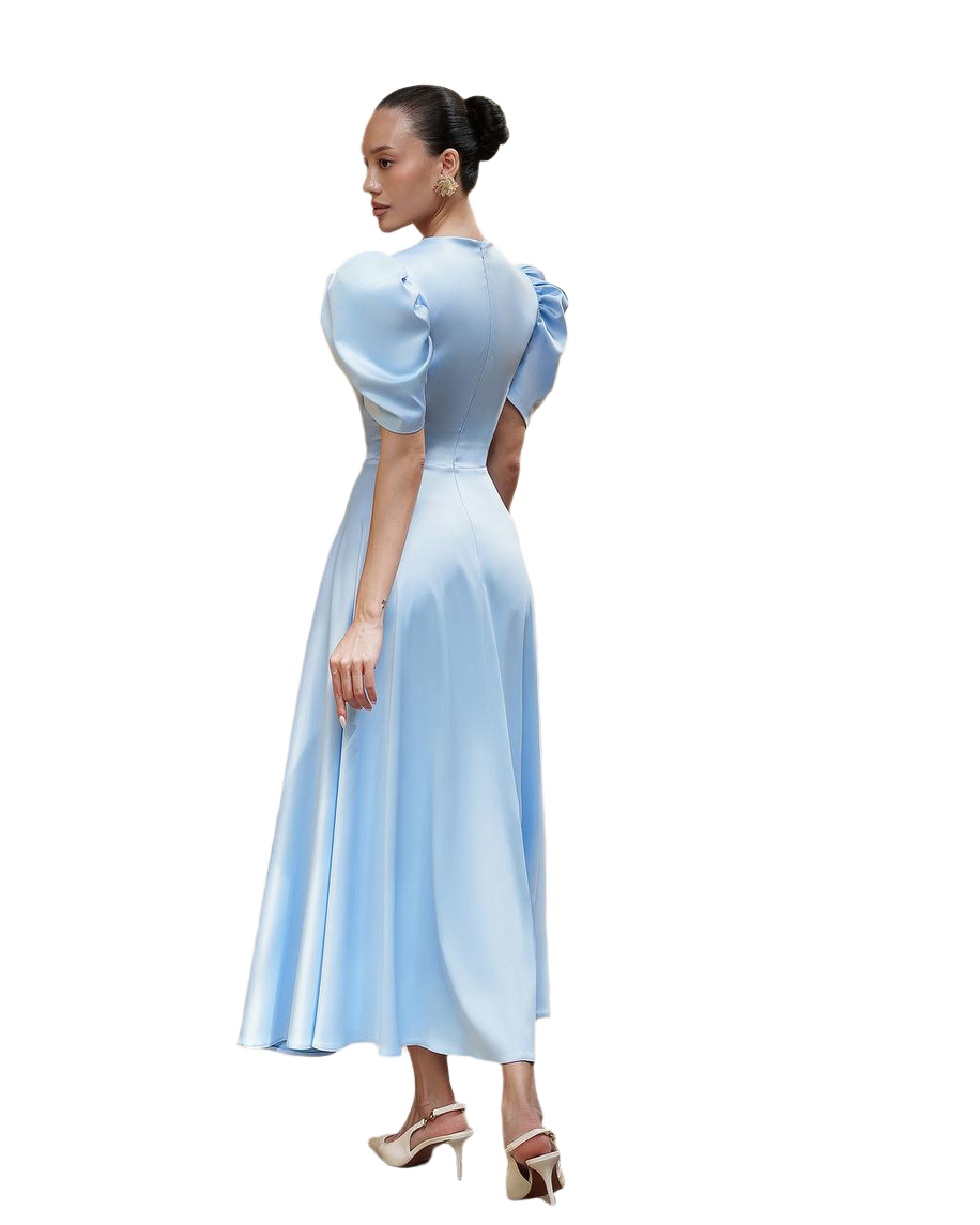 Elegant Premium Satin Puff Sleeve Midi Dress in Blue