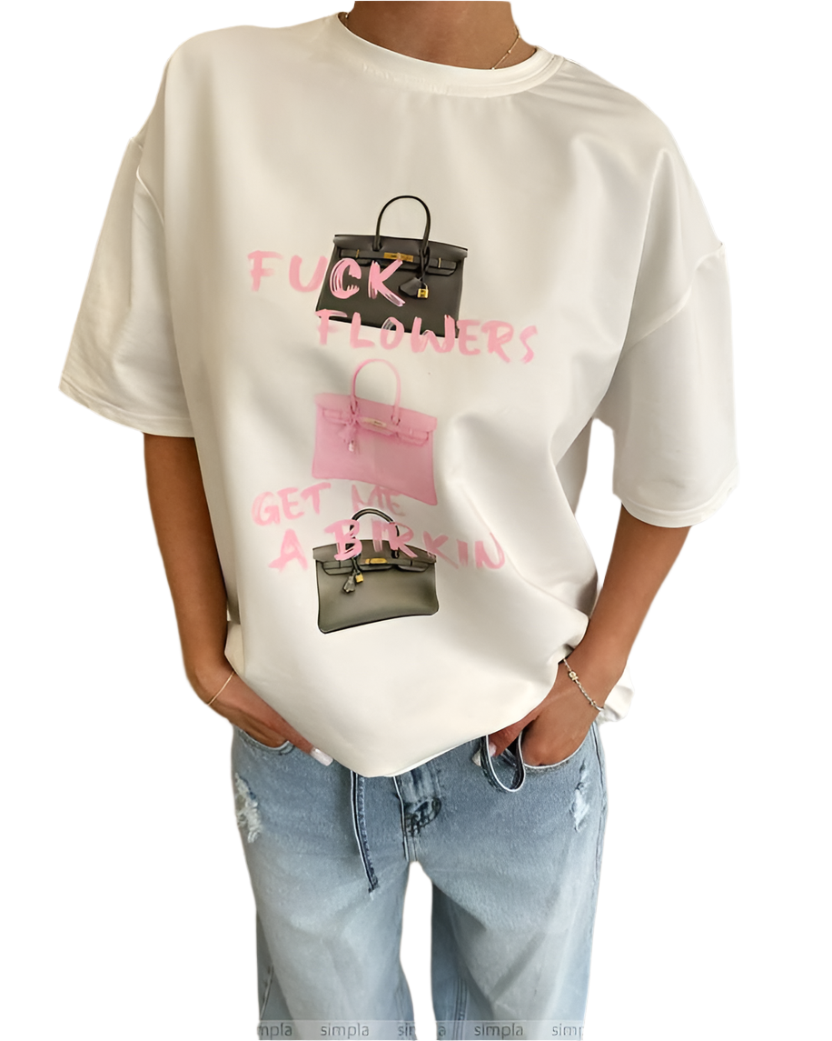 Oversize Cotton T Shirt with Unique Handbag Print