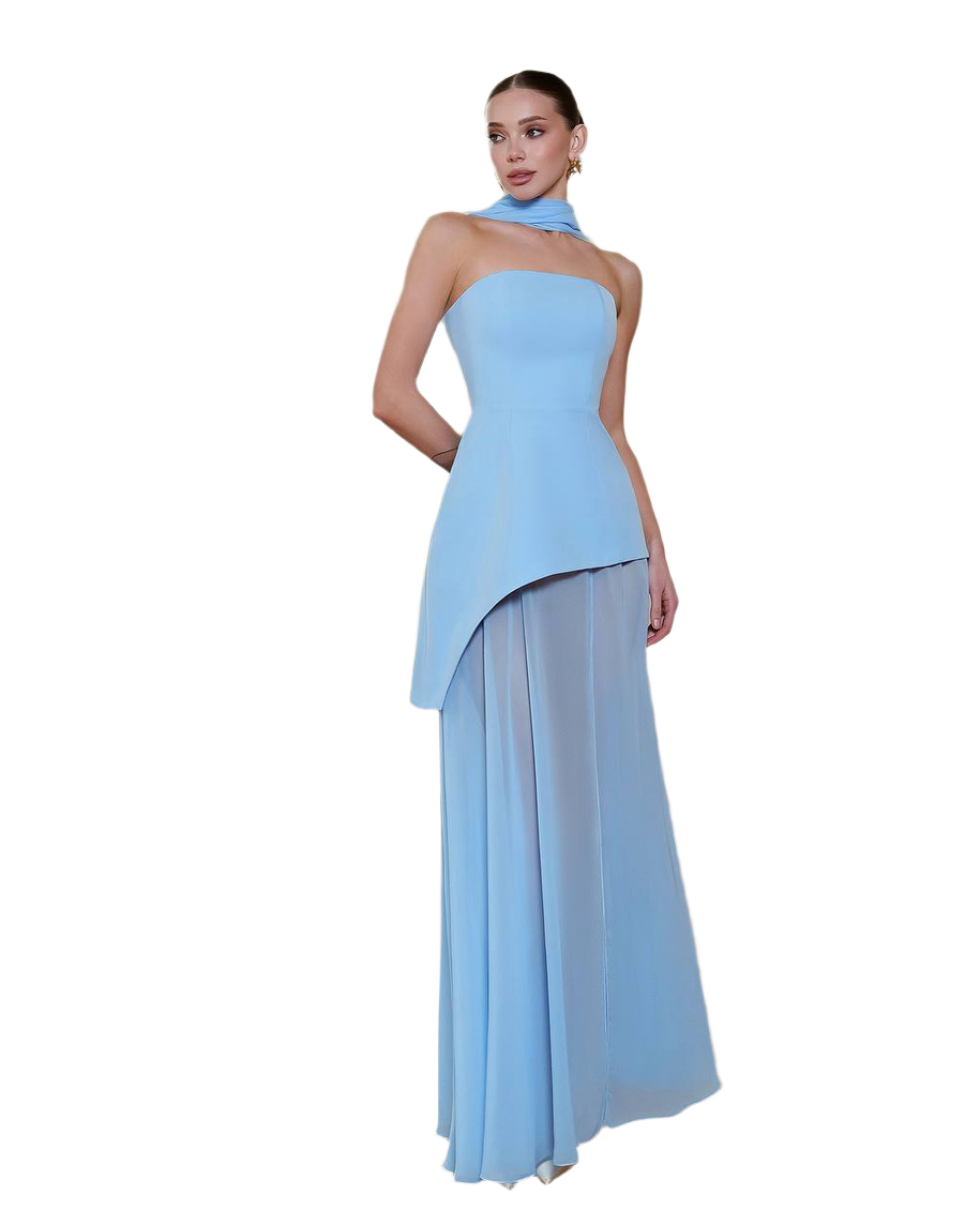3 Piece Elegant Blue Wedding Bridal Set - Corset Style Dress, Chiffon Skirt and Scarf