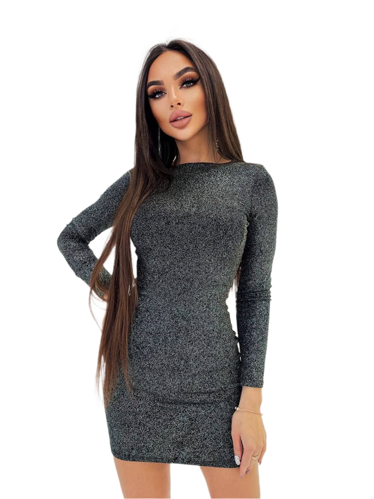 Woman wearing a sparkly black dress on a white background