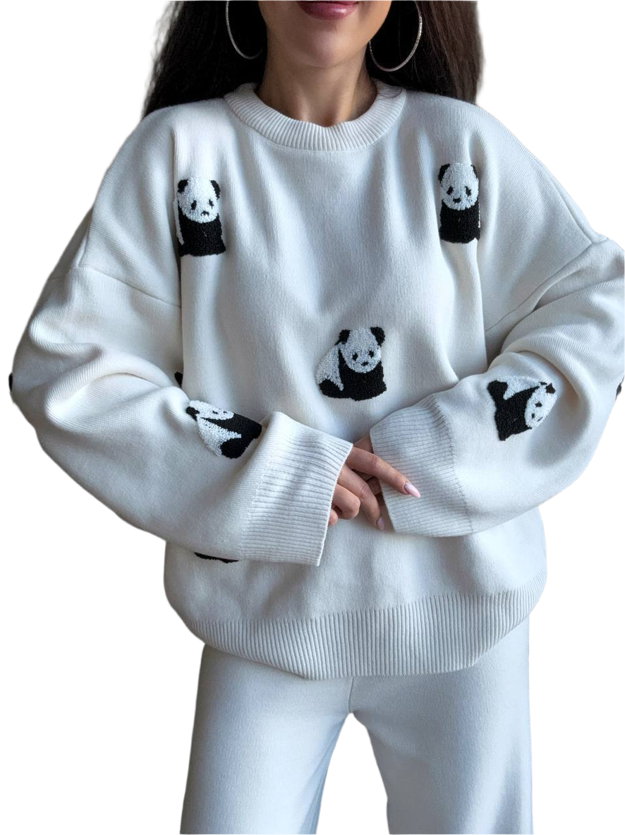 Women's Fine Knitted Panda Suit in Milk Color