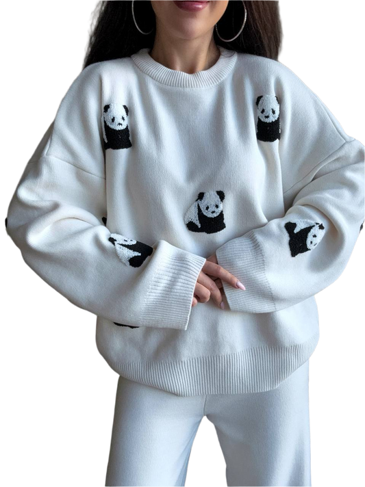 Women's Fine Knitted Panda Suit in Milk Color