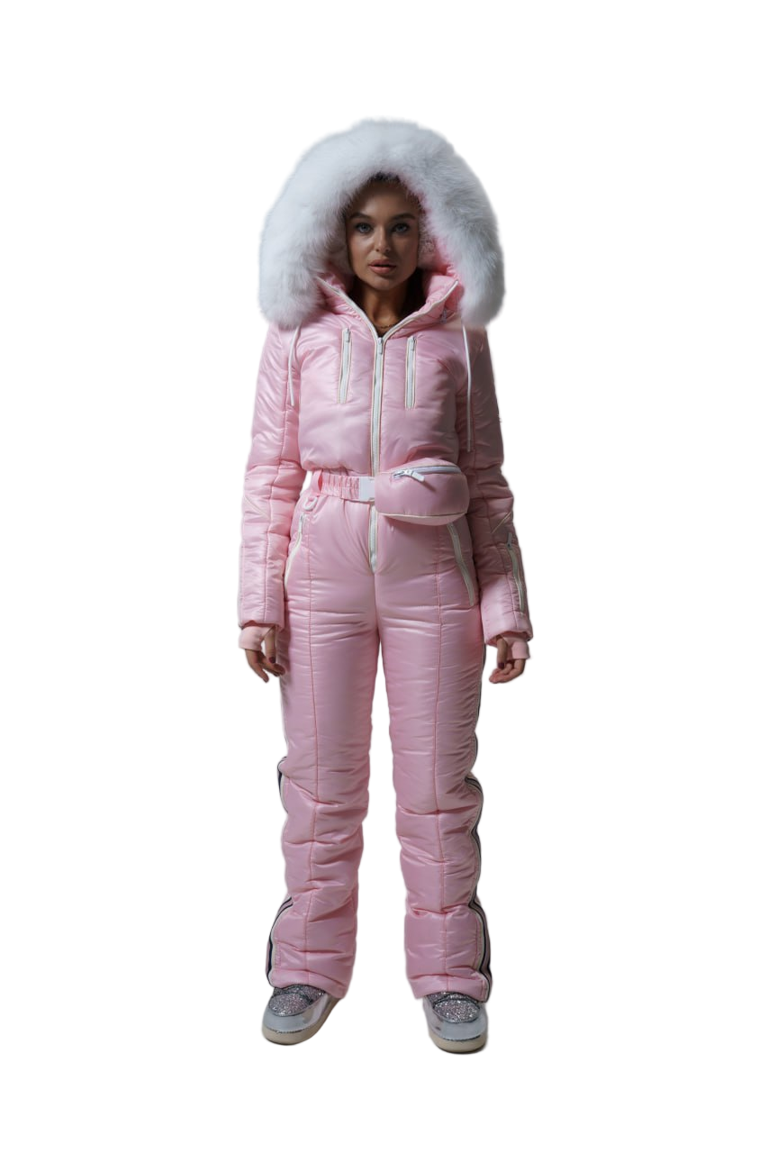 Person wearing a pink puffer suit with a fur-lined hood on a white background