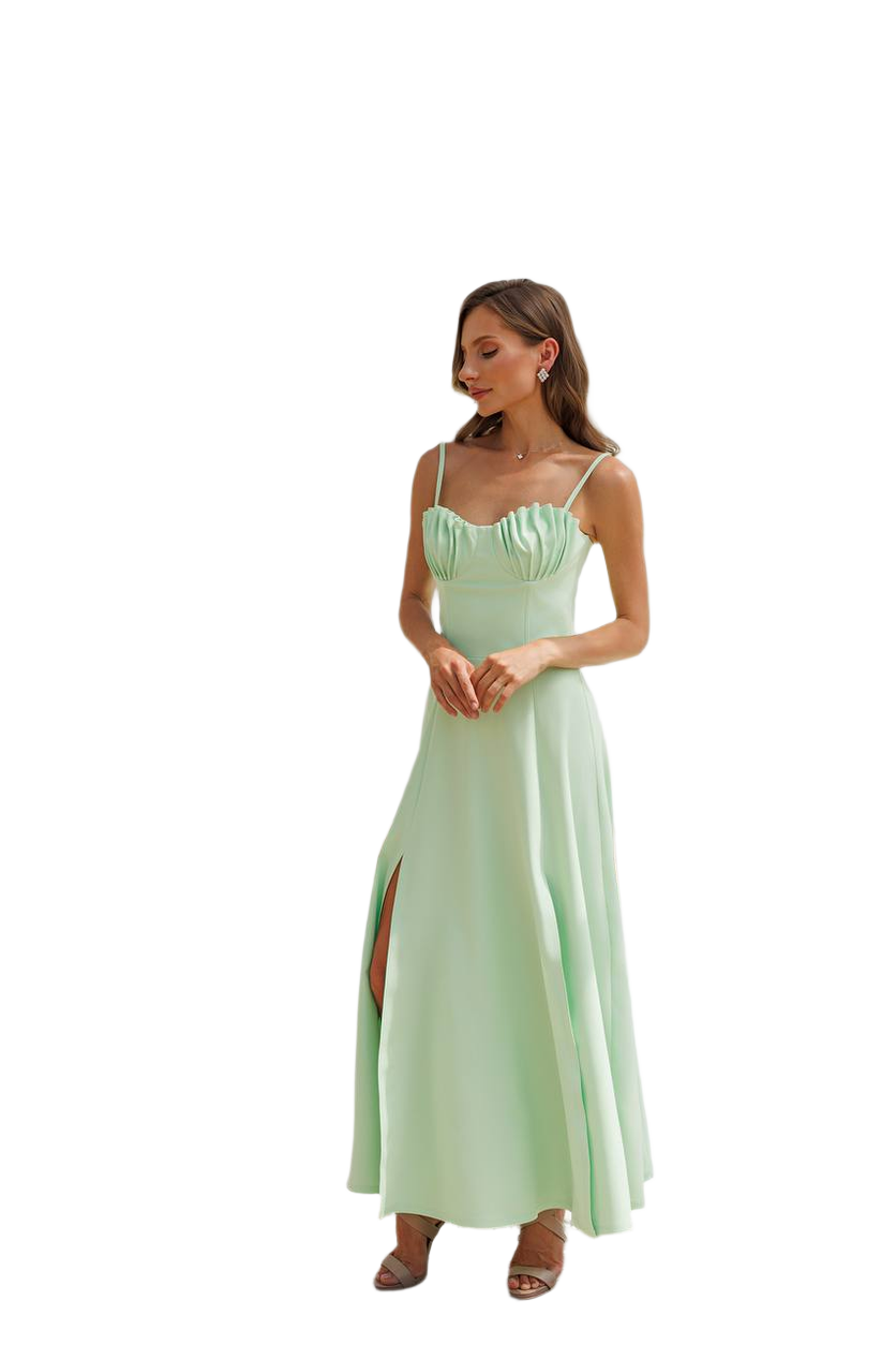 Elegant Long Diagonal Crepe Dress with Slit and Ruffled Bust