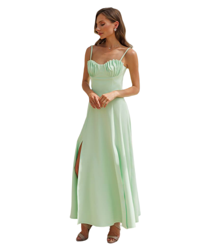Elegant Long Diagonal Crepe Dress with Slit and Ruffled Bust