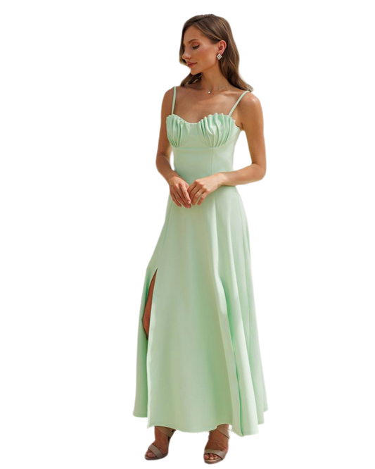 Elegant Long Diagonal Crepe Dress with Slit and Ruffled Bust