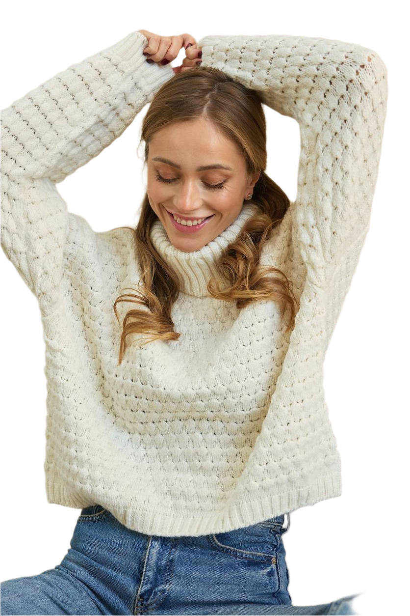Womens Knitted Turtleneck Sweater Energy Cream White Cozy Warm