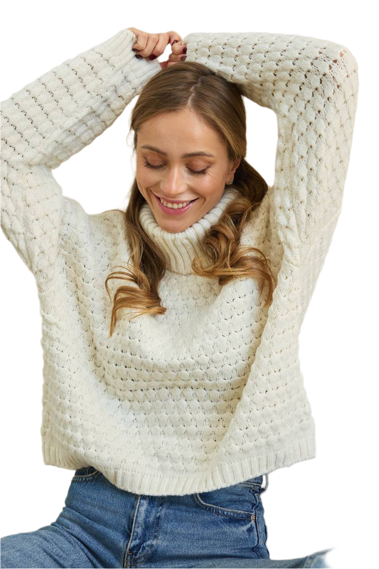 Womens Knitted Turtleneck Sweater Energy Cream White Cozy Warm