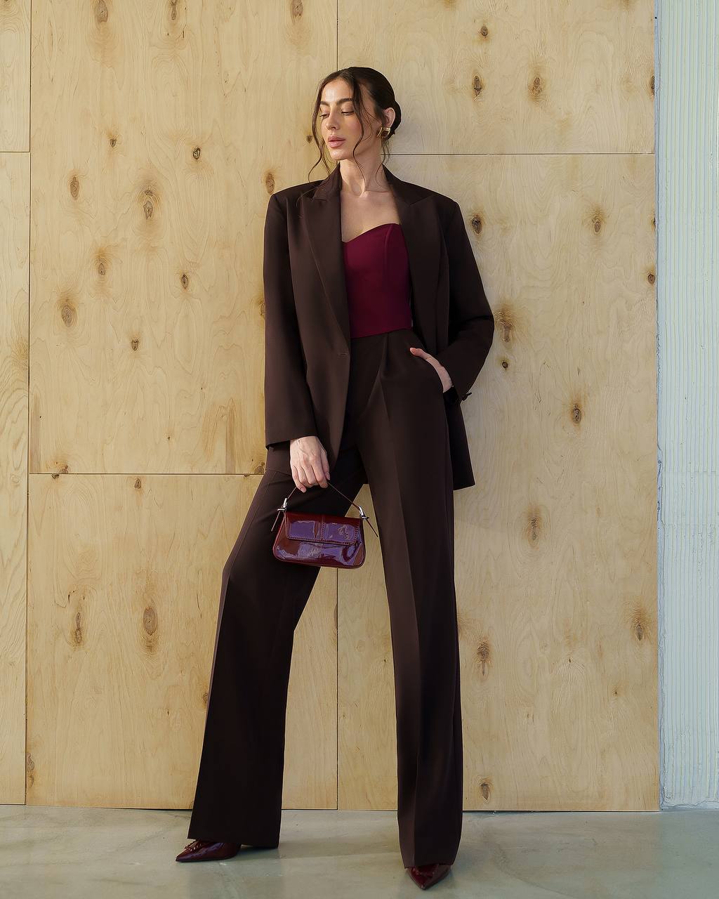 Womens Double Suit Premium Diagonal Crepe Black Chocolate