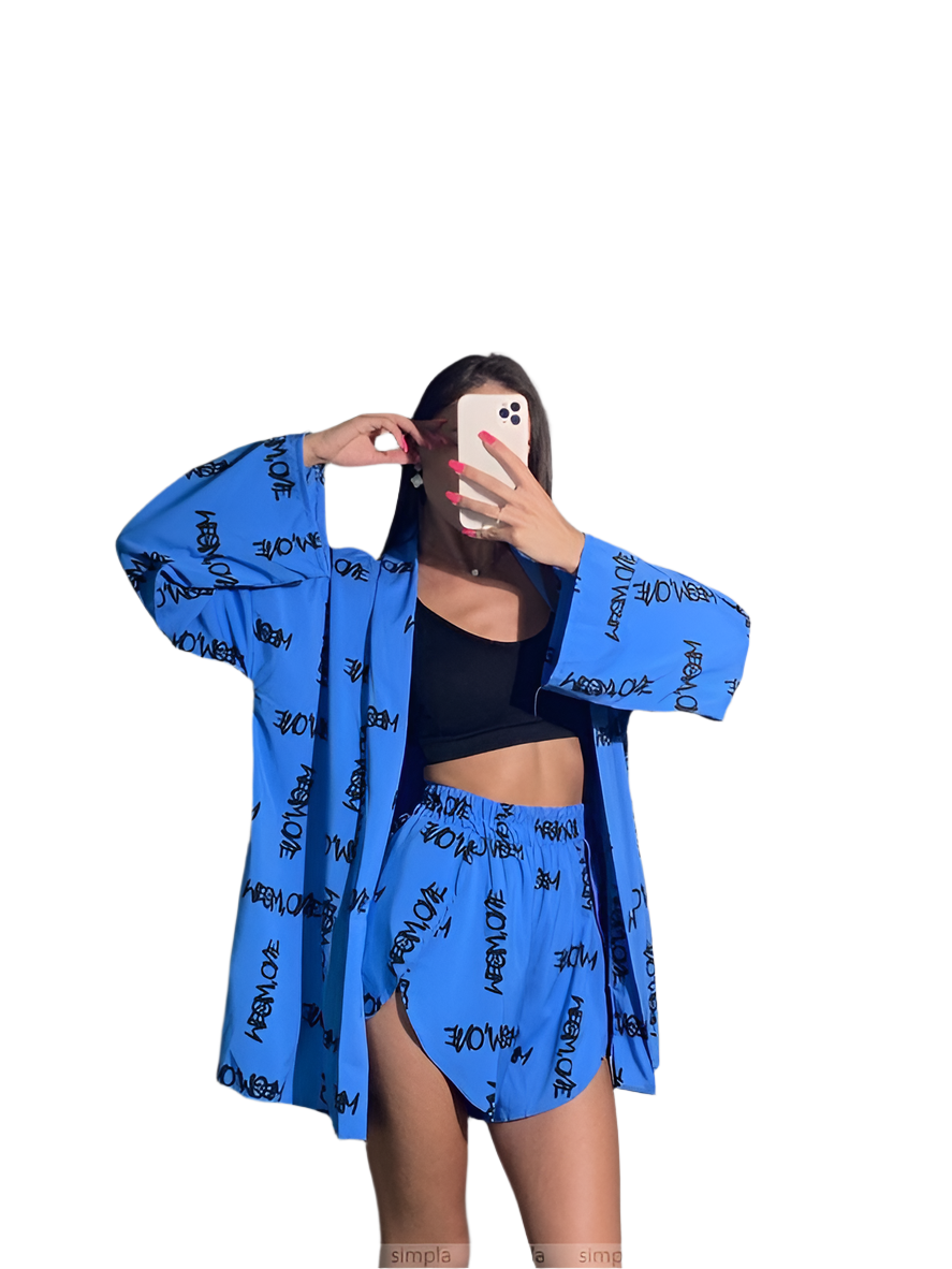 Stylish Blue Soft Fabric Two-Piece Set with Elastic Waist Shorts and Belt