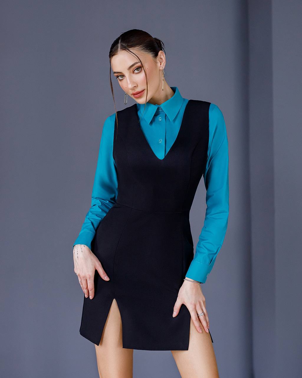 Womens Elegant Black Sundress V Neck Split Hem