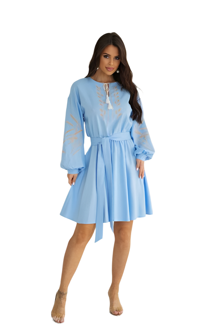 Light Blue Linen Embroidered Dress with Flared Skirt and Waist Belt