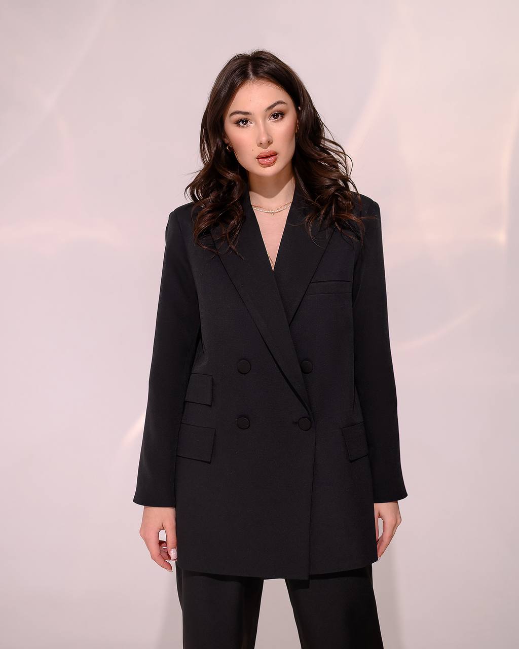 Women Elegant Double-Breasted Suit in Dense Luxury Diagonal Crepe