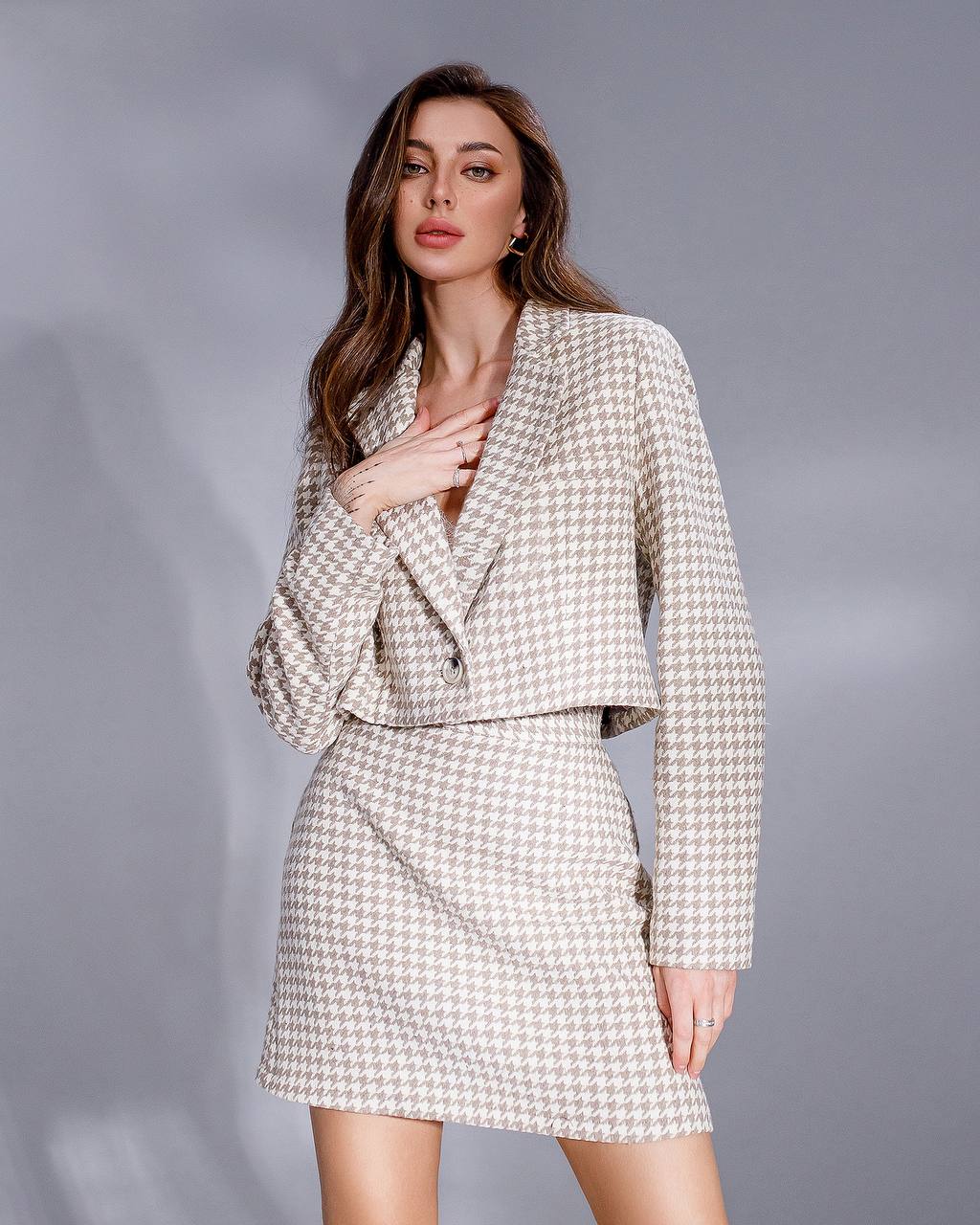 Womens Houndstooth Suit Jacket And Skirt Set Turkish Fabric