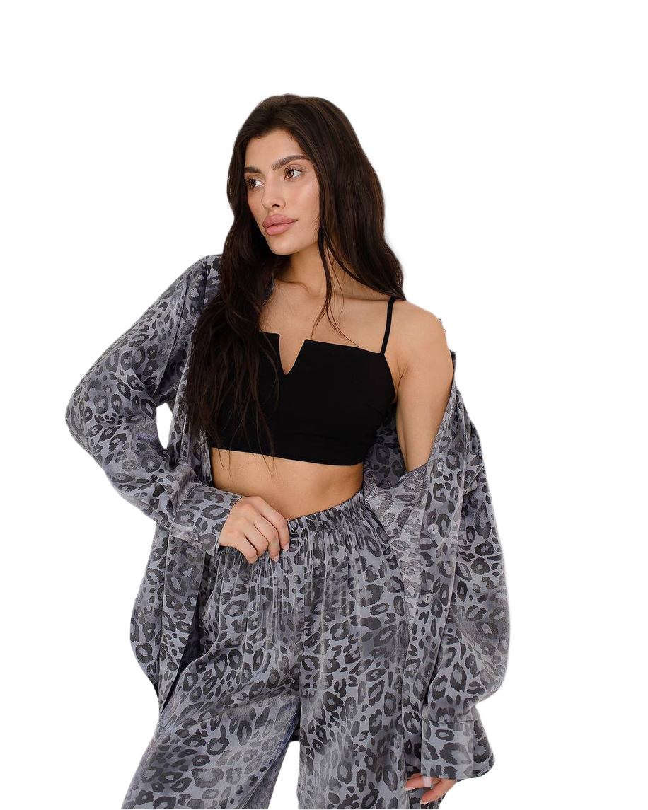 Womens Satin-Viscose Crystal Fabric Shirt and Pants Set in Leo Grey