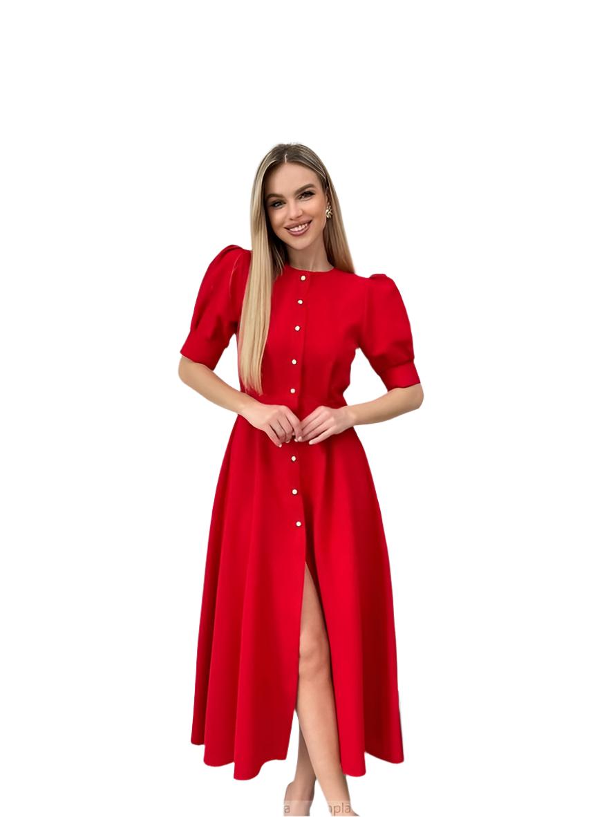 Woman wearing a red dress with a white background