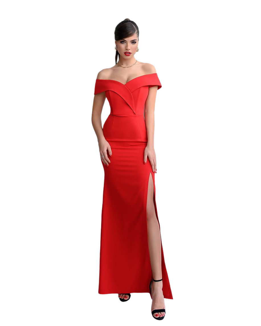 Elegant Off Shoulder Evening Dress with Side Slit in Red