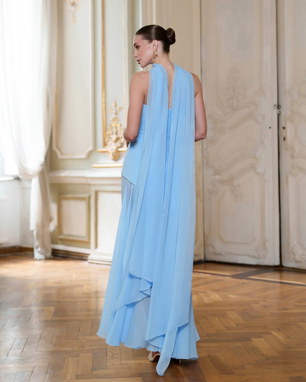 3 Piece Elegant Blue Wedding Bridal Set - Corset Style Dress, Chiffon Skirt and Scarf