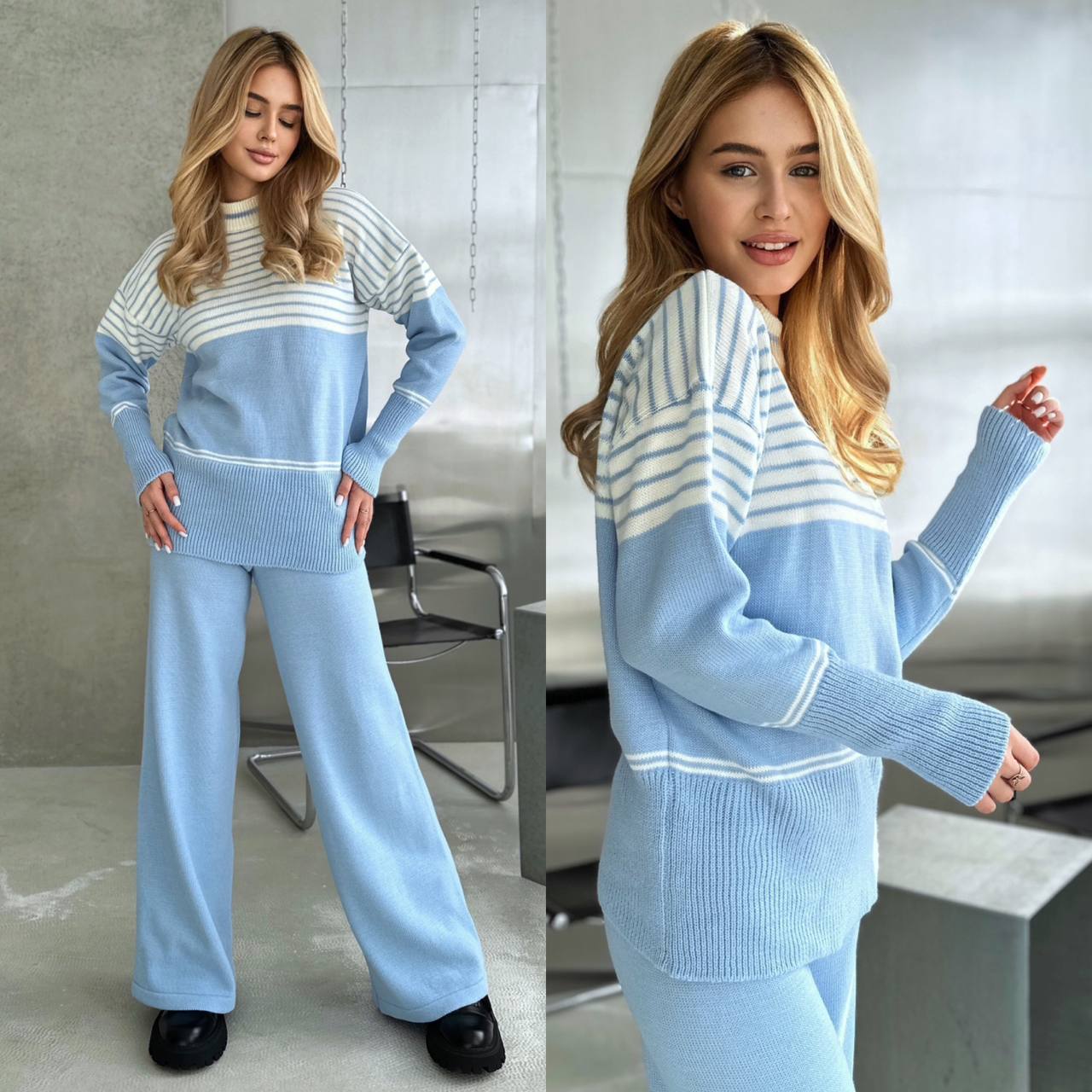 Woman wearing a blue and white striped sweater and pants set in a modern room.